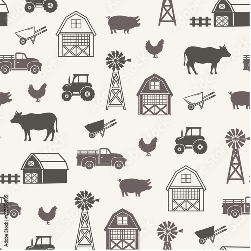 Farm vector seamless pattern. Silhouettes on a light background. Farm southern design with tractor, cow, pig, chicken, farm.