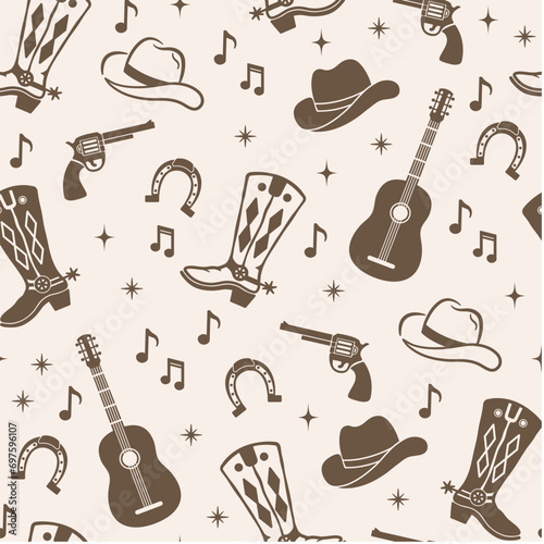 Southern vector seamless pattern. Silhouettes on a light background. Farmhouse design with guitar, cowboy boots, horseshoe. Farm Life illustration.