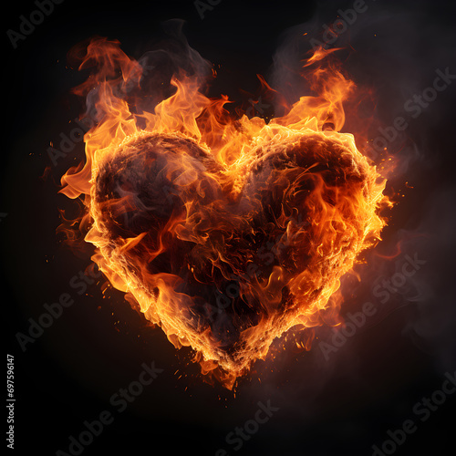 A decorative stone heart is burning on fire, symbolizing love and passion, isolated on a black background in an artistic illustration, photo
