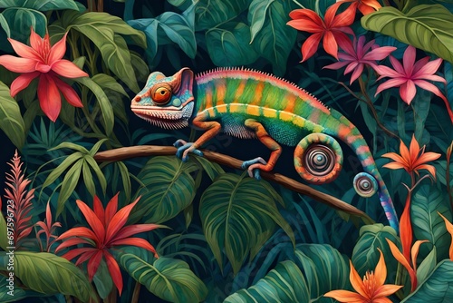 Within a lush tropical garden, a vibrant chameleon perches on a branch, blending seamlessly with the exotic flowers and foliage that surround it
