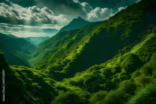 Layers of greenery cascading down the sides of a lush mountain range.