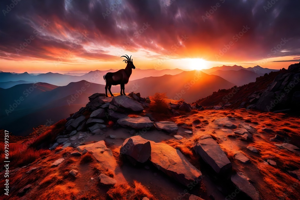 At the summit of a mountain, a lone mountain goat stands proudly against the backdrop of a dramatic sunrise, its silhouette etched against the colorful sky.