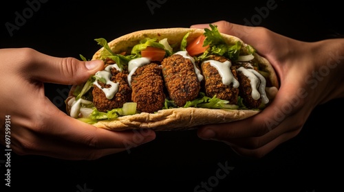 A cross-section of a falafel being placed into a pita, creating a mouth-watering sandwich. photo