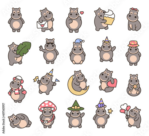 Cute kawaii hippos. Charming hippopotamus characters in different poses. Cartoon funny animal. Hand drawn style. Vector drawing. Collection of design elements.