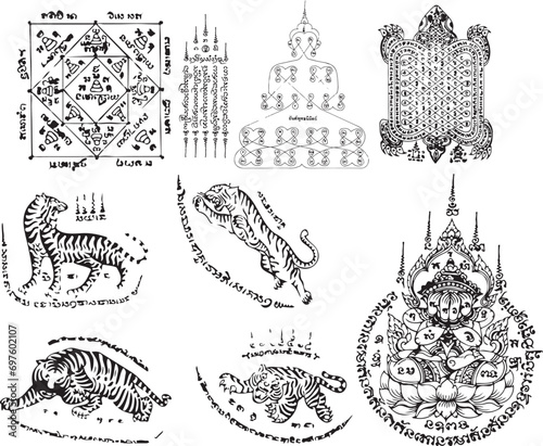 Thai Yantra set. Set ancient Thai tattoo designs. Vector in black and white background. Pictures of sacred things, legendary animals, and ancient characters of Thailand. It was popular in Thai in past