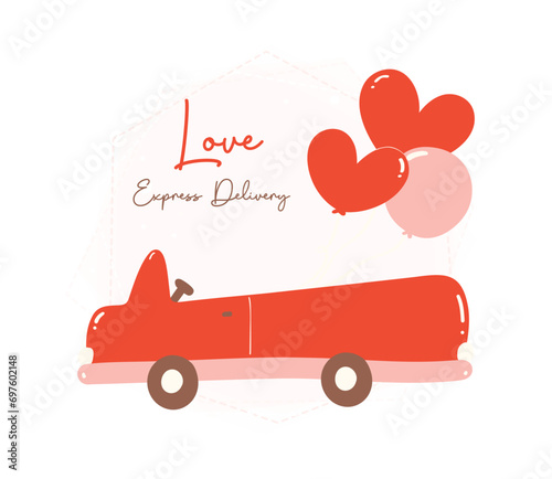 Valentine love delivery car. Cute Kawaii vehicle in love Theme with balloons in Flat Design.