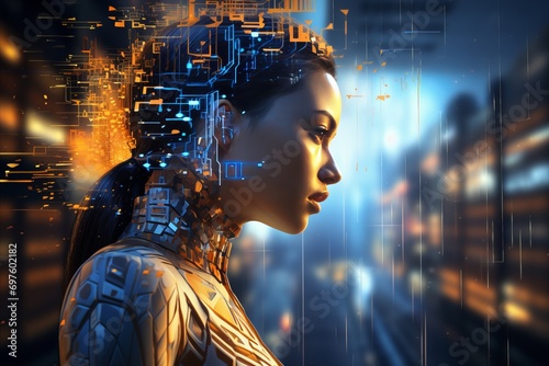 Woman cyborg head with digital data interface on blurred background using futuristic technology