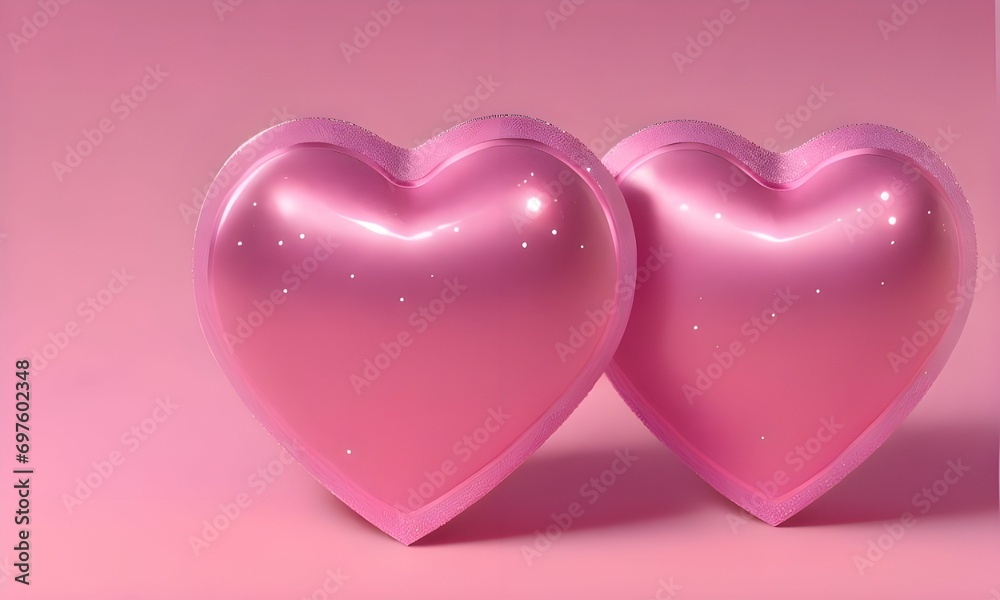 Valentine's Day Concept, Two Hearts on a Pink Glitter Surface with a Shiny Background, Pink Glitter Against a Shiny Background