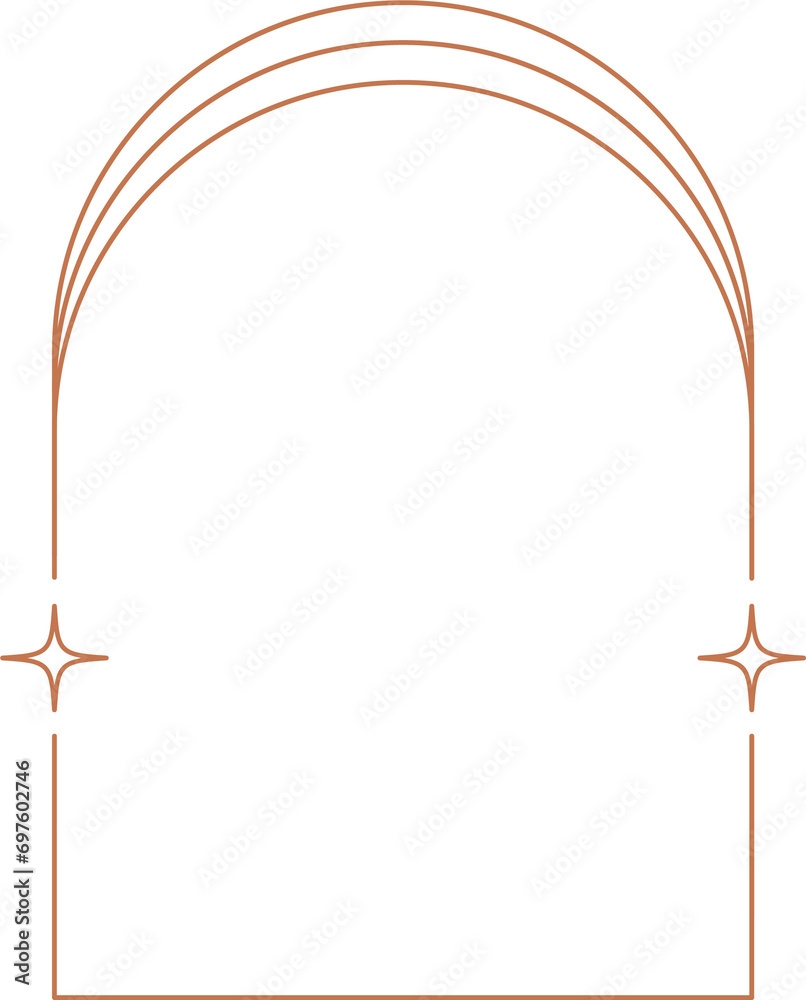 Obraz premium Aesthetic frame shape. Outline minimal graphic element with stars. Abstract boho arch with sparkles. Trendy geometric template for poster and story.