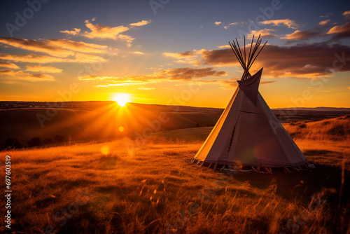 A captivating sunset paints the sky behind a lone teepee