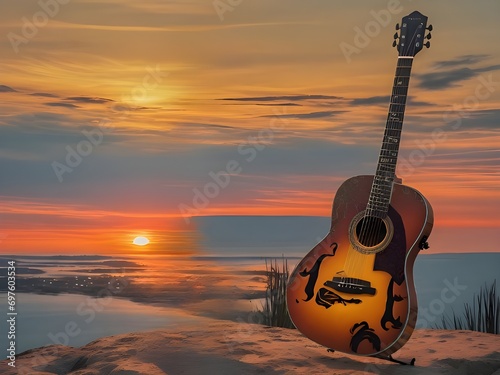 A guitar in sunset background with copy space. National Guitar Day. Music brings happiness