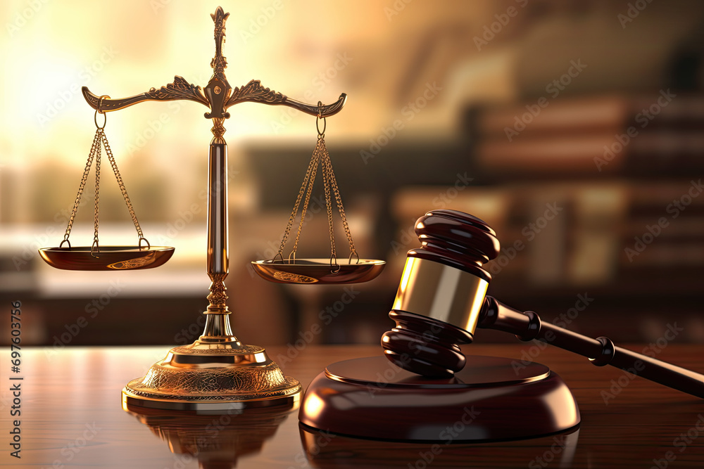 Law theme. Mallet of the judge, books and scales of justice on wooden table Law theme. Mallet of the judge, books and scales of justice on wooden table
