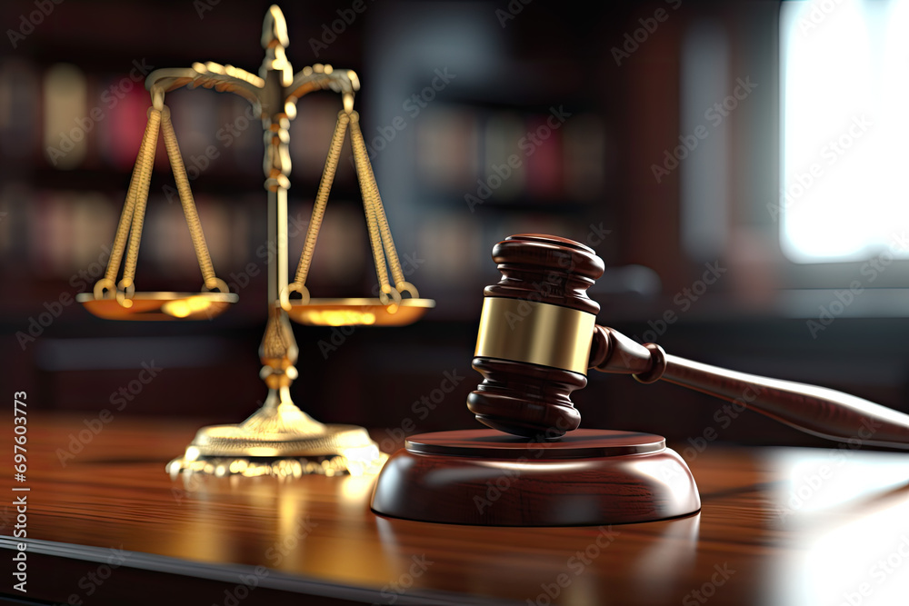 Law theme. Mallet of the judge, books and scales of justice on wooden table Law theme. Mallet of the judge, books and scales of justice on wooden table