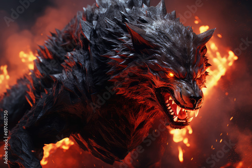 Fantasy dragon head on fire background. 3D illustration. Fantasy