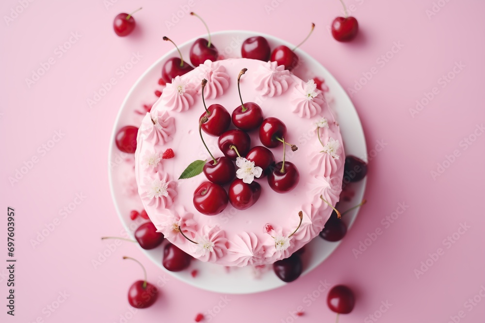 Cake decorated with cherries on a pink background. Top view.