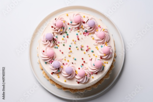 White cake with colorful confectionery sprinkles. Top view.
