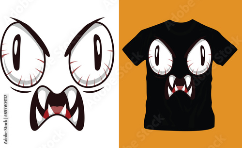 Vector monster face emoji cartoon set with scary. halloween holiday horror monsters, spooky devil or demon, t-shirt design
