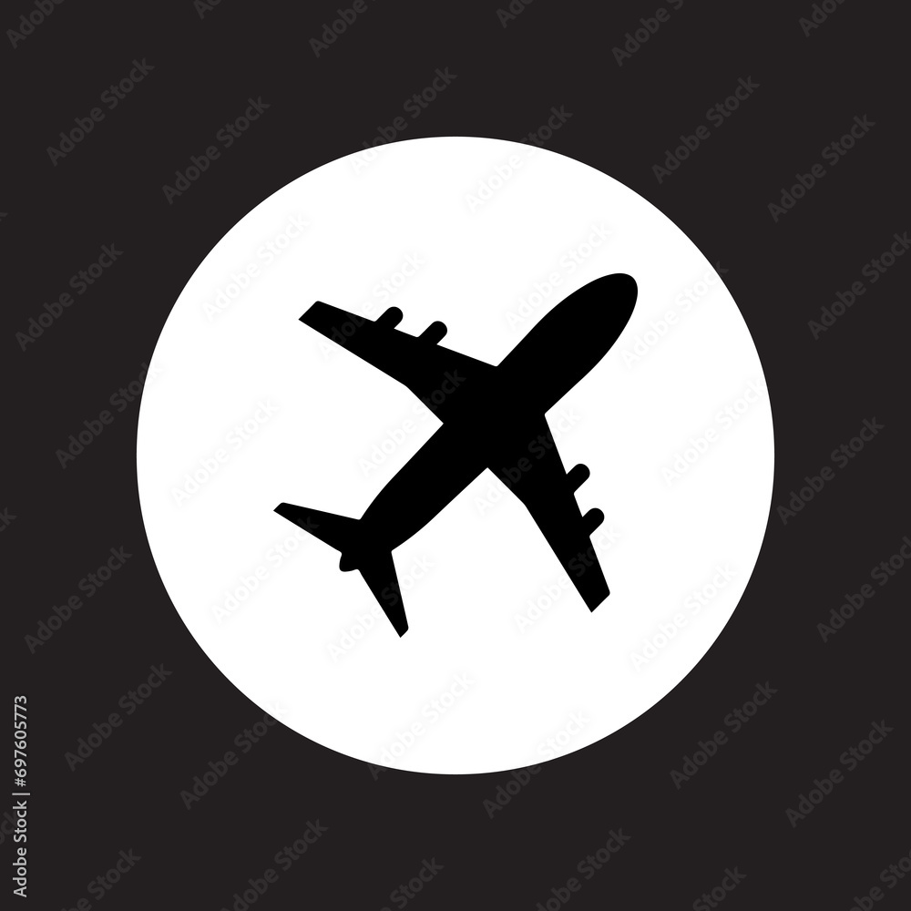 Airplane icon vector. Airplane logo design. Airplane vector icon illustration in circle isolated on black background Airplane icon vector. Airplane logo design. Airplane vector icon illustration in circle isolated on black background