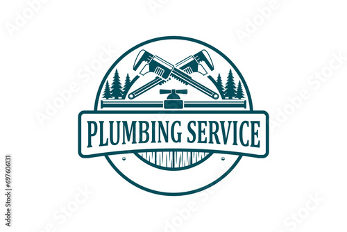 Plumbing service logo badge design, mongkey wrench and pipe faucet element.