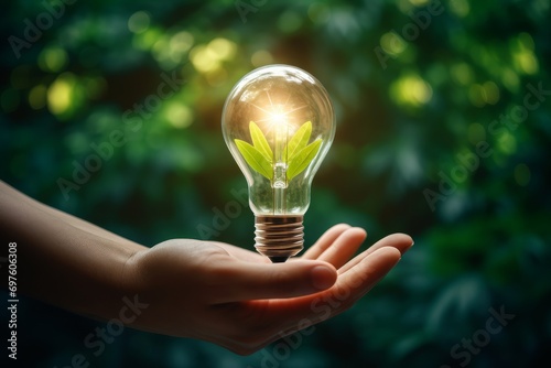 A hand holding a light bulb against the background of nature. The concept of ecology, energy saving, environmental protection. Organization of sustainable development, renewable energy sources.
