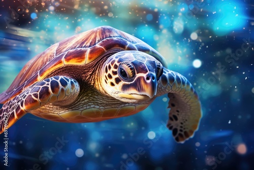Turtle Elegance: Close-up of a sea turtle gliding through the water.