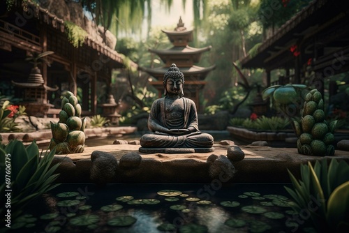 Zen garden with buddha statue and lotus flower. Generative AI