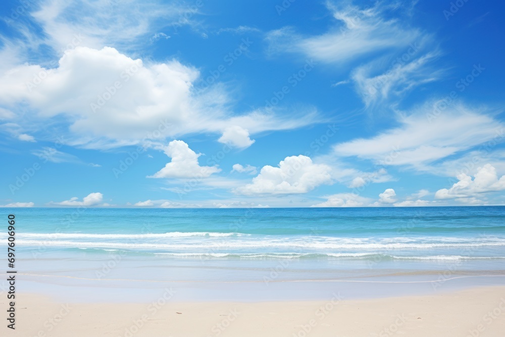 Breathtaking Ocean beach blue sky day. Relax horizon. Generate Ai