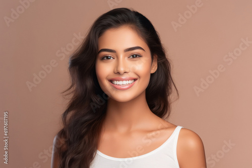 young indian woman on pink background.
