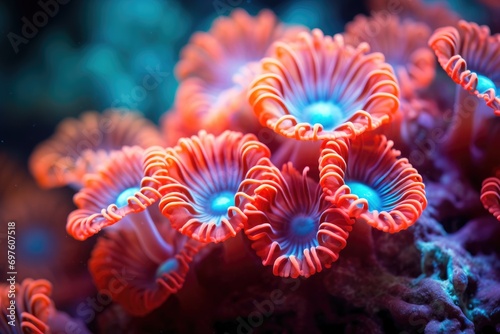 Coral Reefs on Fire: Vibrant coral polyps close-up. © OhmArt