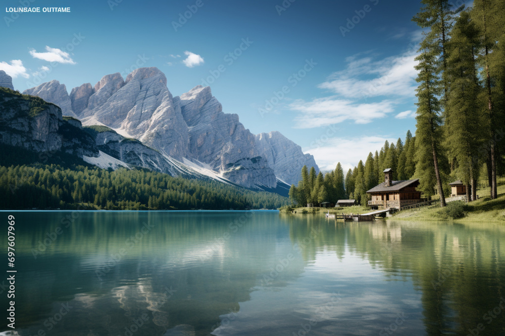 lake in the mountains with snow and trees - obrazy, fototapety, plakaty 