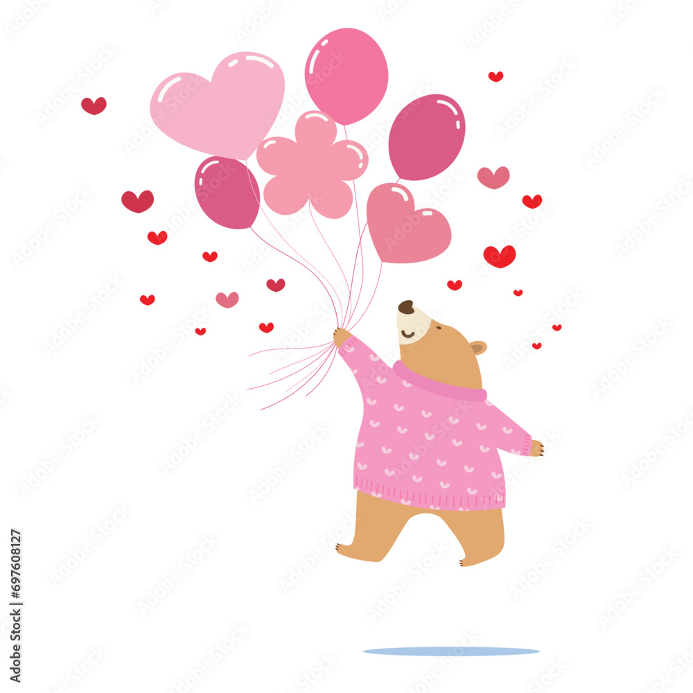Vector illustration of cute bear holding group of pink balloon and floating in the air, for Valentine's day card and decoration concept