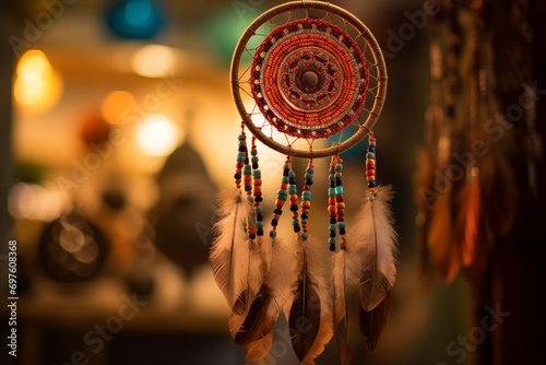 An intricately beaded dreamcatcher hangs in the morning light