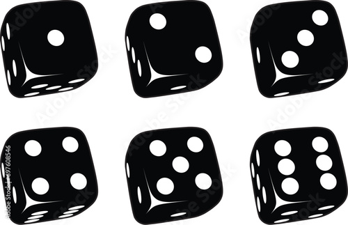 Black cube for games. Dice icon in flight closeup isolated on white background. Vector illustration.