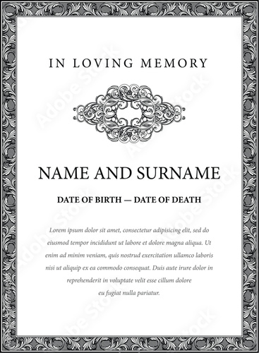 Funeral card. In loving memory of those who are forever in our hearts. Elegant design. Vector illustration.