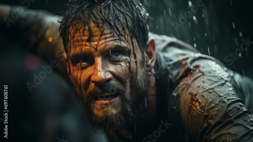A man with wet hair and a beard in the rain