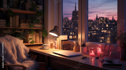 Close up evening desk interior with city view