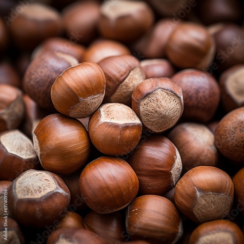 A  cluster of hazelnuts nestled together capturing their rough textures and warm brown tones against a natural background.