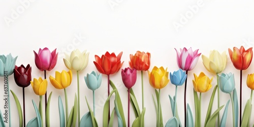 Background of multicolored tulips of various shapes on a white background