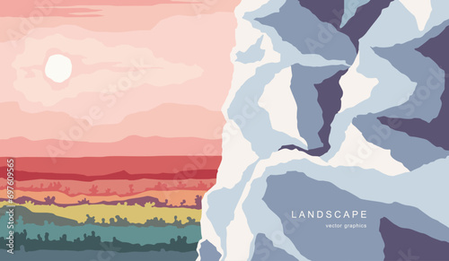 Modern nature landscape in a minimalist style. Retro realism. Contemporary aesthetic art. Design for page, poster, magazine, brochure, flyer, wallpapers, interior.