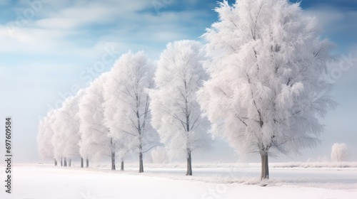A slender row of frost-covered trees on a sunny frosty day against a blue sky background © Игорь Кляхин