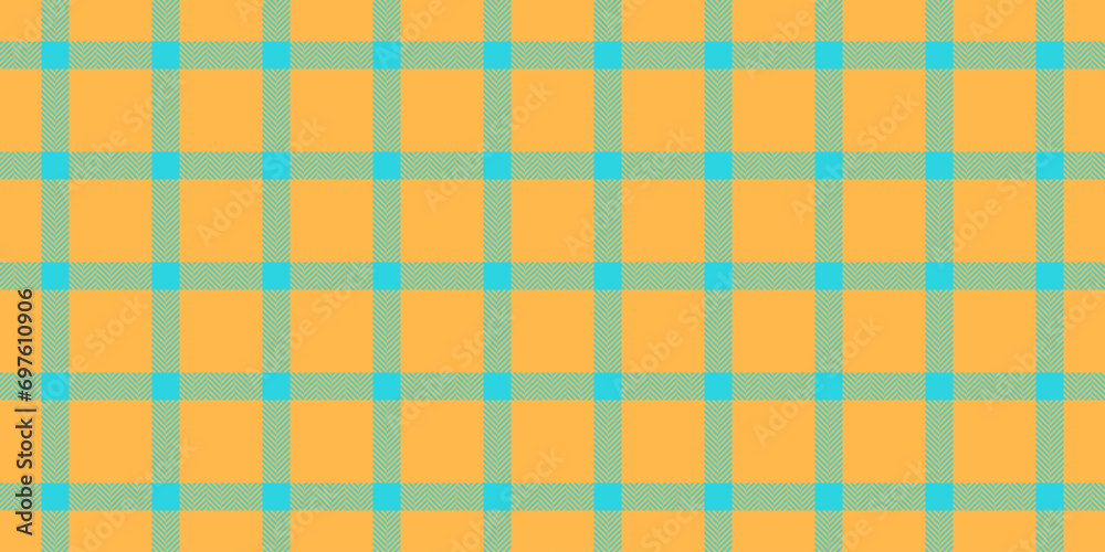Ornamental fabric texture seamless, folded check background plaid. Pretty tartan pattern textile vector in amber and cyan colors. Ornamental fabric texture seamless, folded check background plaid. Pretty tartan pattern textile vector in amber and cyan colors.