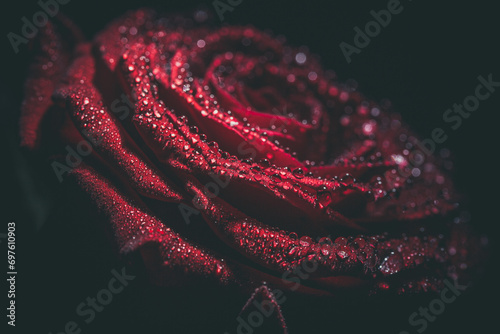 Beautiful and delicate red rose with dew drops  background with red rose