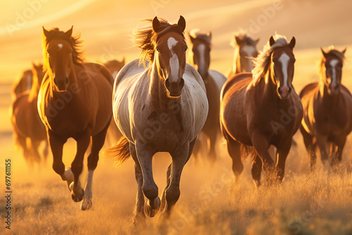 A herd of wild horses gallops freely across a sun-kissed plain