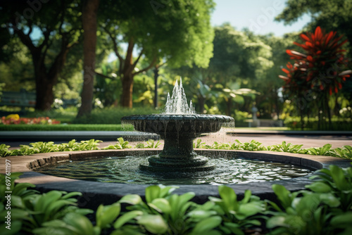 Beautiful fountain in the park with trees