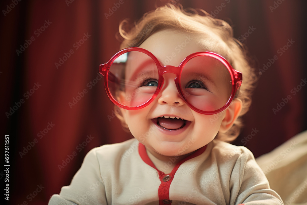 one baby with red glasses, joyful and optimistic