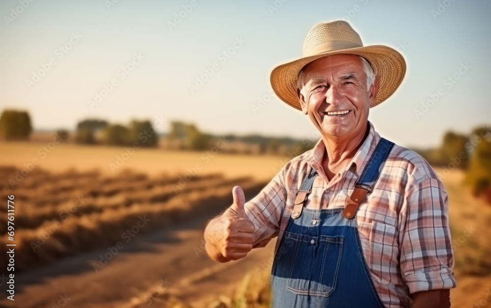 Senior farmer showing thumps up at agriculture field