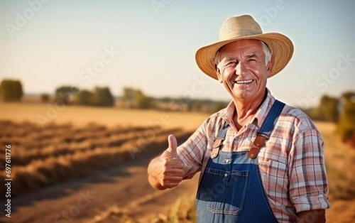 Senior farmer showing thumps up at agriculture field