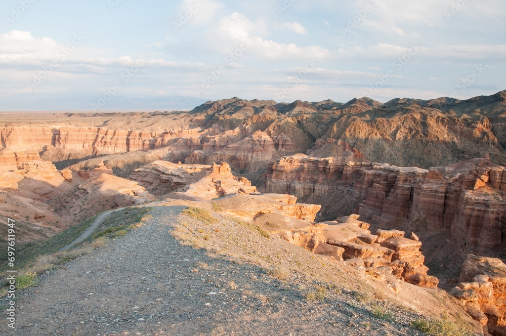 The Valley of castles in the evening light, part of Charyn canyon in the Republic of Kazakhstan