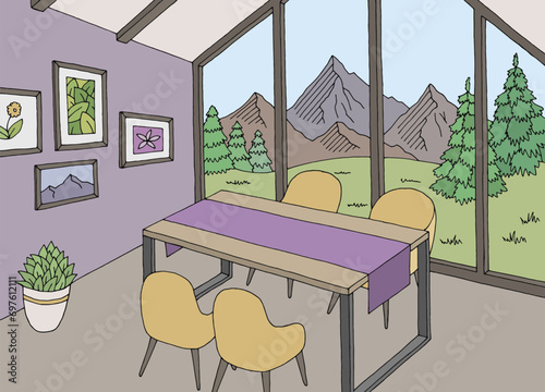 Attic dining room graphic color home interior sketch illustration vector