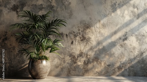 Contemporary Stucco Wall Interior with Plant and Wooden Floor